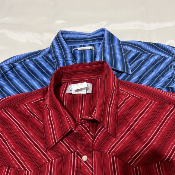 Wrangler Wrancher Pearl Snap Shirt LOT OF 2 Striped Long Sleeve Mens L Red Blue - Picture 1 of 10
